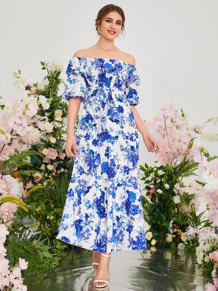 Womens Fashion Shoulder Floral Allover Print Ruffle Belted Dress 006654785 Womens Fashion Shoulder Floral Allover Print Ruffle Belted Dress 006654785