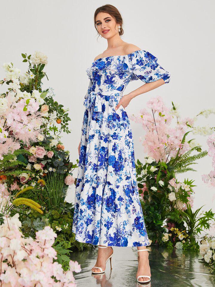 Womens Fashion Shoulder Floral Allover Print Ruffle Belted Dress 006654785 Womens Fashion Shoulder Floral Allover Print Ruffle Belted Dress 006654785