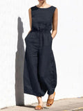 Women's Cotton Linen Sleeveless Jumpsuit 3XL B-15340 - TUZZUT Qatar Online Shopping