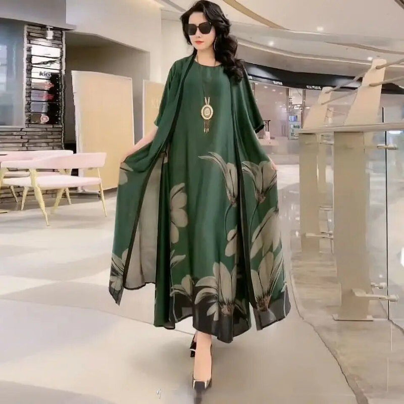 Two Piece Silk Dress Women Elegant Floral Plus Size Long Dress B-99174 - TUZZUT Qatar Online Shopping