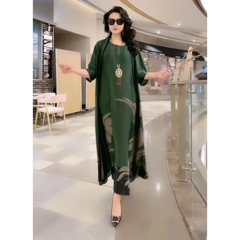 Two Piece Silk Dress Women Elegant Floral Plus Size Long Dress B-99174 - TUZZUT Qatar Online Shopping