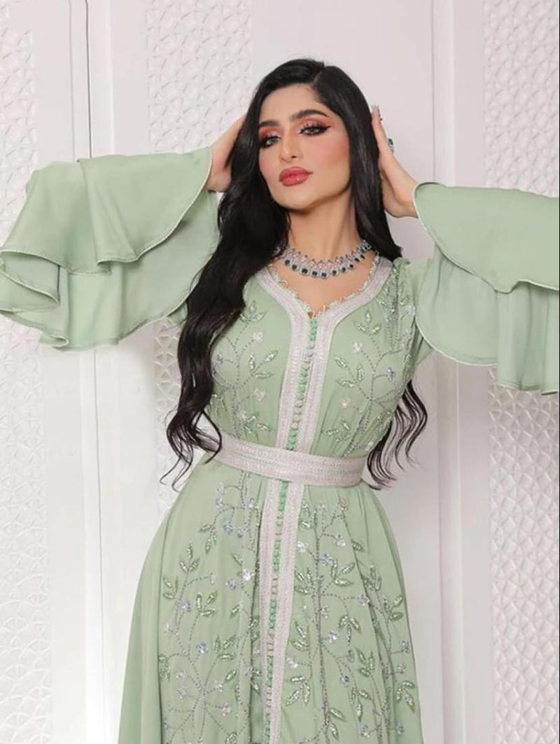 Wedding Party Dress Lace Belted Jilbab Abaya Morocco Caftan Robe X4601606 - TUZZUT Qatar Online Shopping