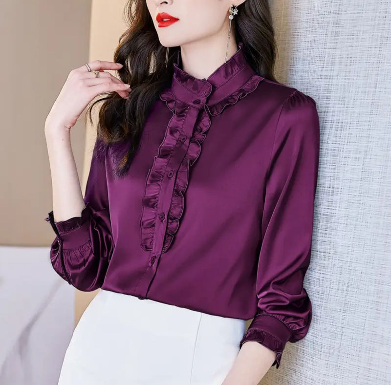 Women Satin Shirt Ruffles Turtleneck Long Sleeve S S4710736 - TUZZUT Qatar Online Shopping