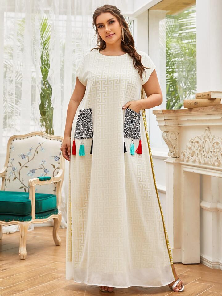 Womens Fashion Plus Contrast Geo Dual Pocket Fringe Tunic Dress S4464445 - TUZZUT Qatar Online Shopping
