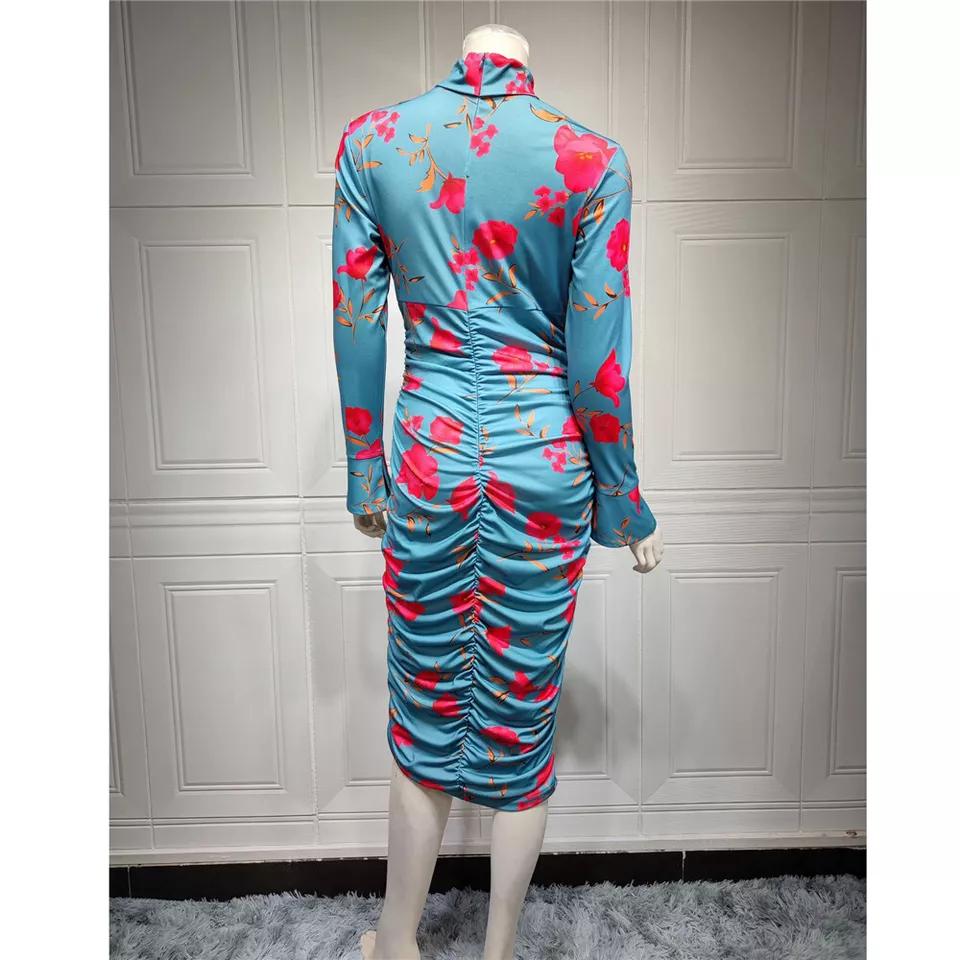 Women Long Sleeve Turtleneck Midi Bodycon Print Pleated Gown S4549421 Women Long Sleeve Turtleneck Midi Bodycon Print Pleated Gown S4549421