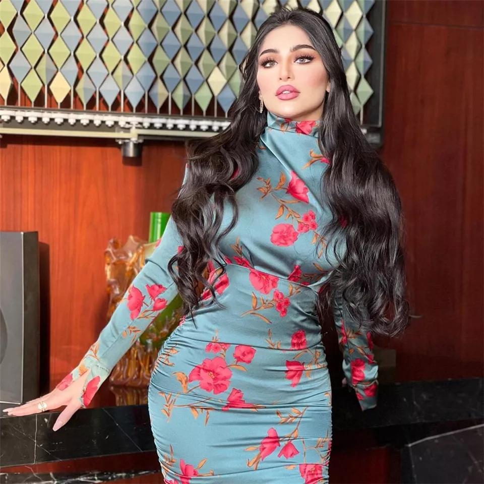 Women Long Sleeve Turtleneck Midi Bodycon Print Pleated Gown S4549421 Women Long Sleeve Turtleneck Midi Bodycon Print Pleated Gown S4549421