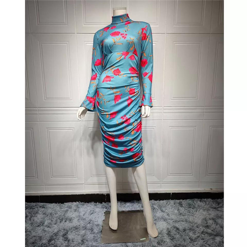 Women Long Sleeve Turtleneck Midi Bodycon Print Pleated Gown S4549421 - TUZZUT Qatar Online Shopping
