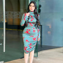 Women Long Sleeve Turtleneck Midi Bodycon Print Pleated Gown S4549421 - TUZZUT Qatar Online Shopping