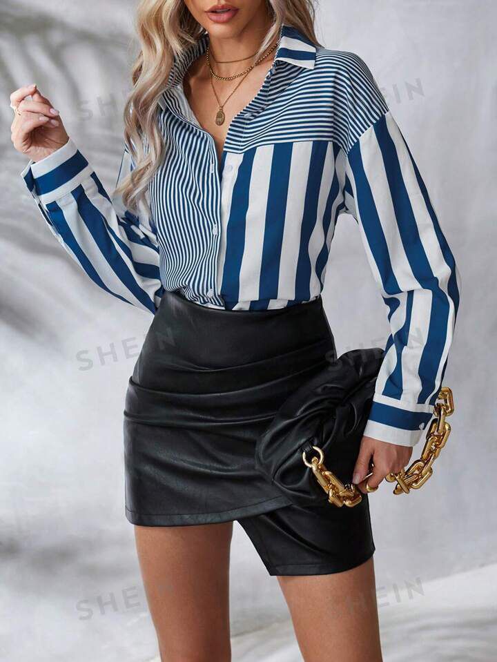 Women's Striped Button Down Drop Shoulder Long Sleeve Shirt S S4098576 - TUZZUT Qatar Online Shopping