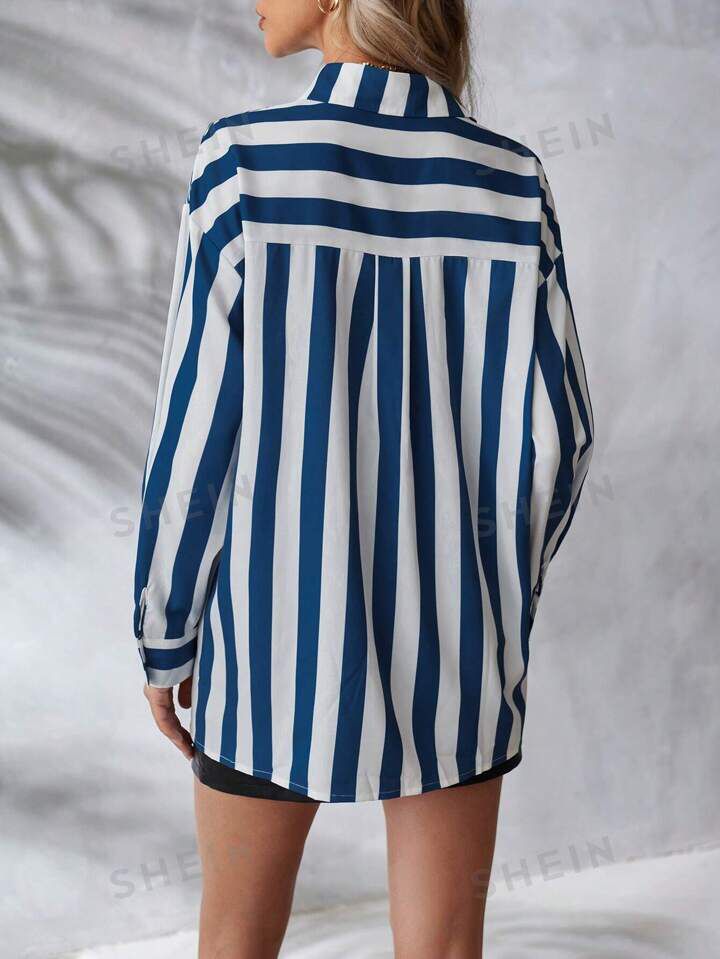 Women's Striped Button Down Drop Shoulder Long Sleeve Shirt S S4098576 - TUZZUT Qatar Online Shopping