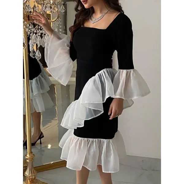Ladies Elegant Paneled Square Neck Ruffle Party Long Dress L 070646225 - TUZZUT Qatar Online Shopping