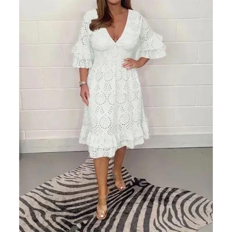 Embroidery Frill Sleeve Embroidery Women Midi Dress B-79113 - TUZZUT Qatar Online Shopping