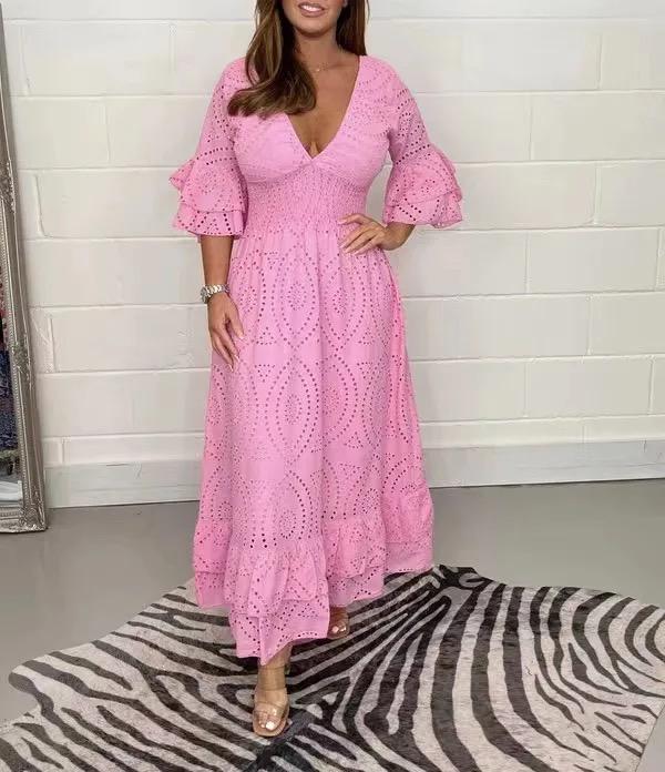 Embroidery Frill Sleeve Embroidery Women Midi Dress B-79113 Embroidery Frill Sleeve Embroidery Women Midi Dress B-79113
