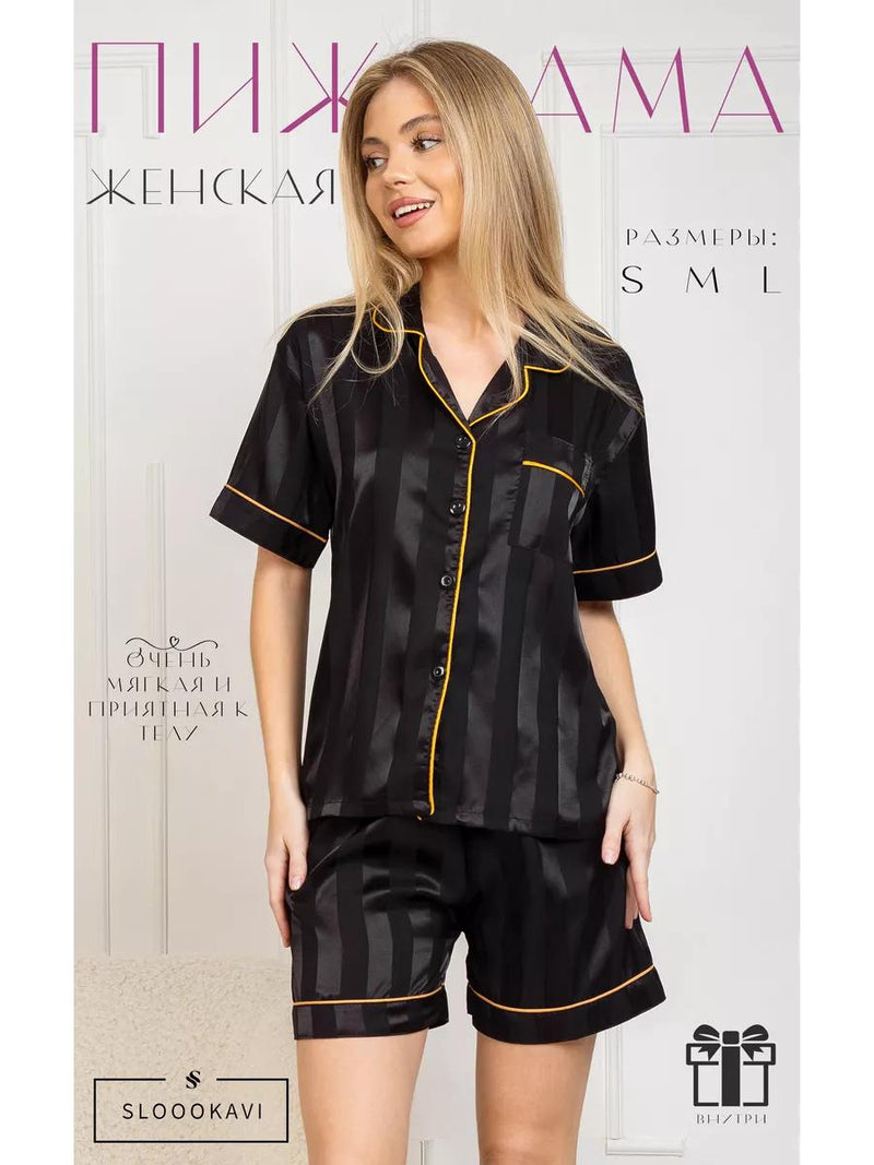 Collar V Neck Striped Button Women's Satin Pajamas Set 3XL X4527014 - TUZZUT Qatar Online Shopping