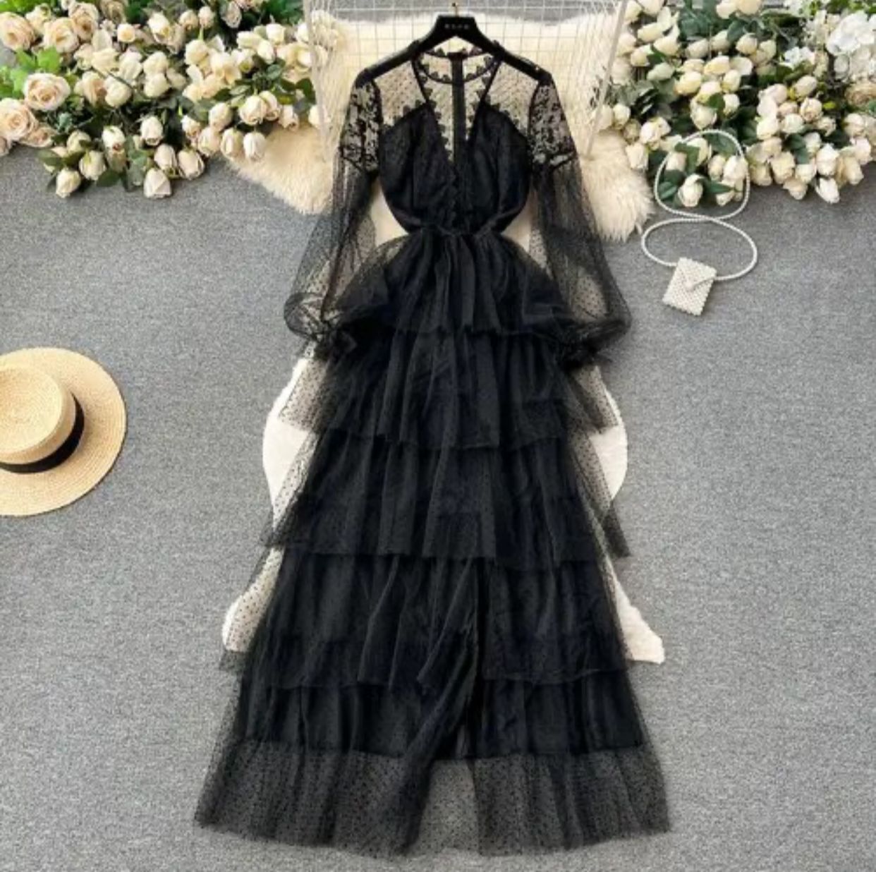 Polka Dot Lace Trim Dress Lantern Sleeves Mesh Thigh Split Plus Size XL B-68261 Polka Dot Lace Trim Dress Lantern Sleeves Mesh Thigh Split Plus Size XL B-68261