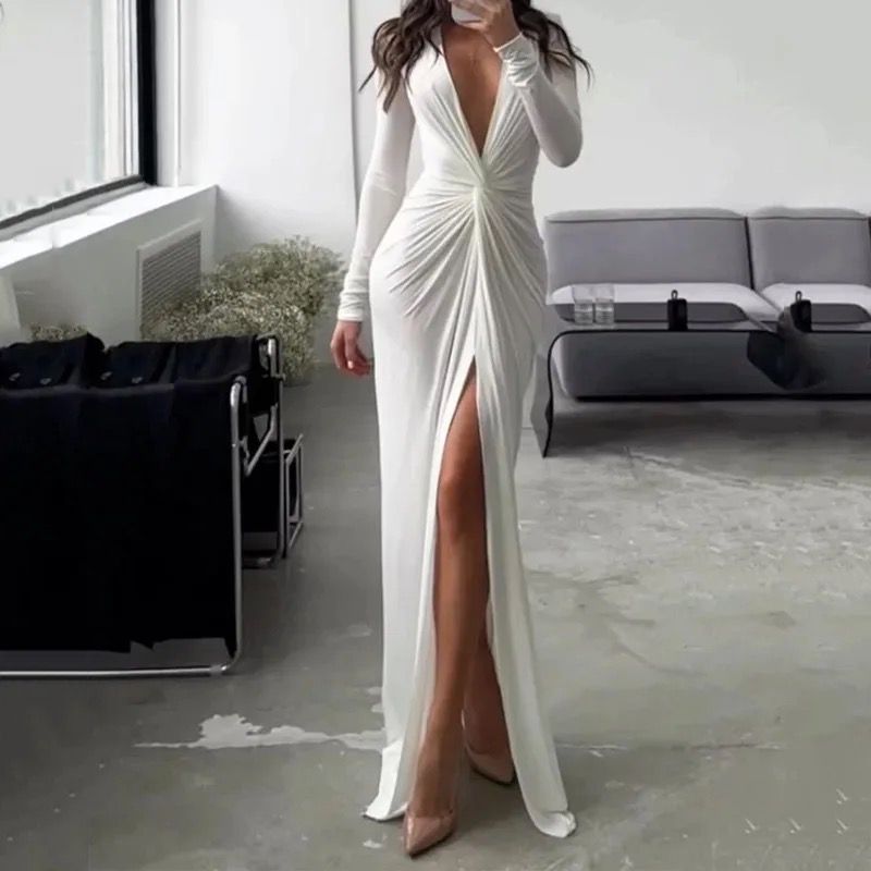 Sexy Long Sleeve V Neck Split Pleated Long Dress B-84946 Sexy Long Sleeve V Neck Split Pleated Long Dress B-84946