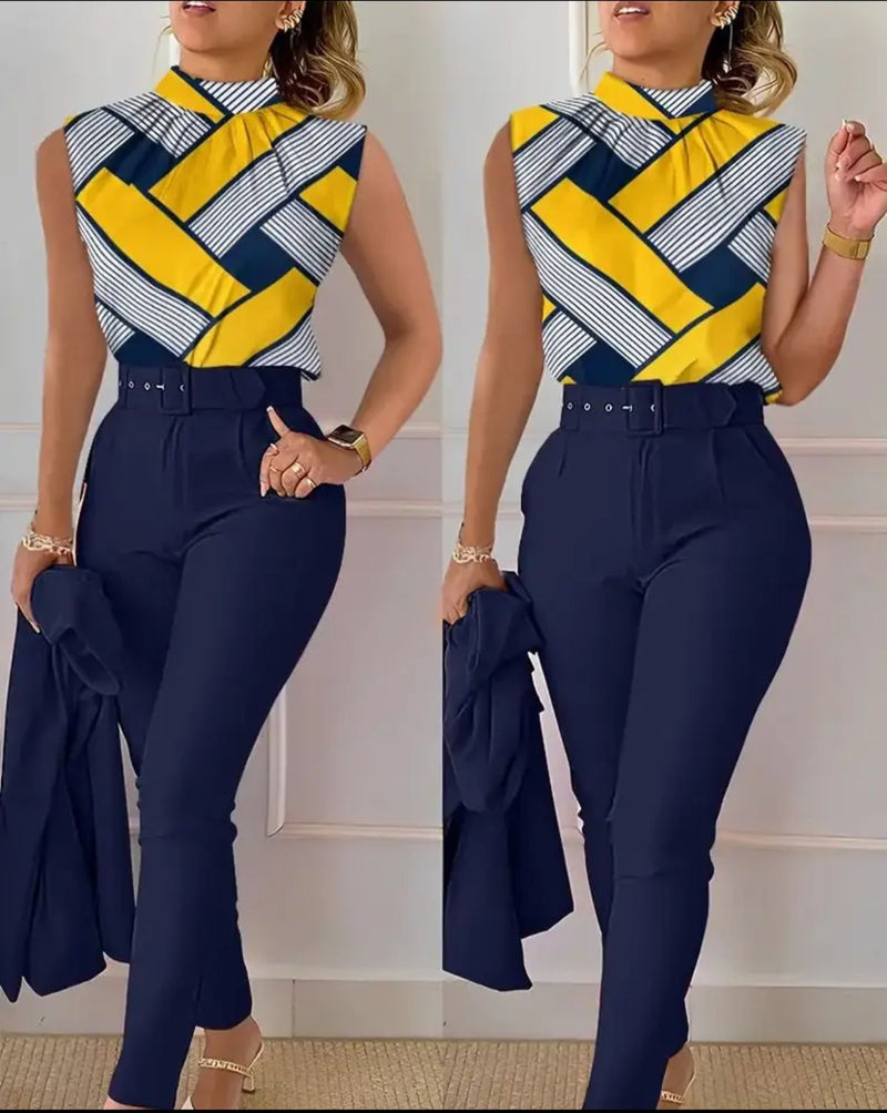 Women Stand Collar Sleeveless Top Shorts High Waist Work Print 2 Pieces L B-120939 - TUZZUT Qatar Online Shopping