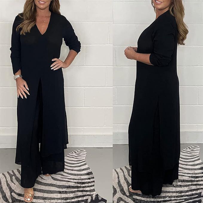 Women Two Piece Set Split Long Top Casual Wide Leg Pants Elegant Plus Size B-102316 Women Two Piece Set Split Long Top Casual Wide Leg Pants Elegant Plus Size B-102316