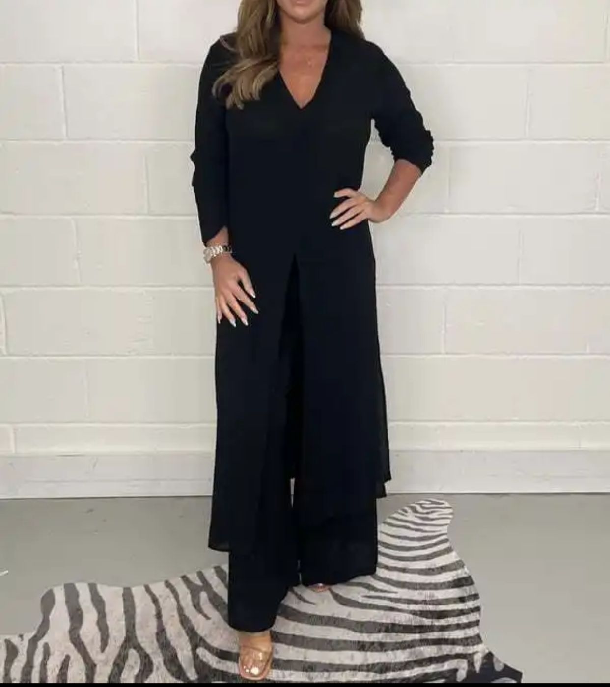 Women Two Piece Set Split Long Top Casual Wide Leg Pants Elegant Plus Size B-102316 Women Two Piece Set Split Long Top Casual Wide Leg Pants Elegant Plus Size B-102316