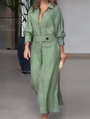 Lapel Deep V-Neck Shirt Dress Waist Tight High-Waist Pockets Long Sleeve Solid Color Maxi Dress Workwear XL B-53120 - TUZZUT Qatar Online Shopping