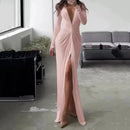 Sexy Long Sleeve V Neck Split Pleated Long Dress XL B-84946 - TUZZUT Qatar Online Shopping