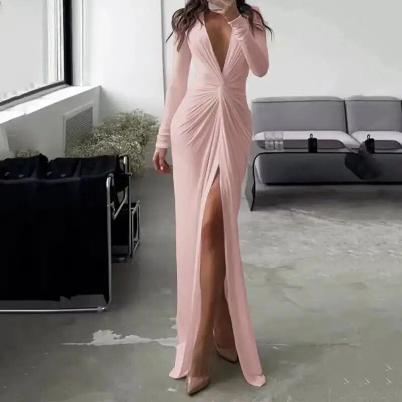 Sexy Long Sleeve V Neck Split Pleated Long Dress B-84946 Sexy Long Sleeve V Neck Split Pleated Long Dress B-84946