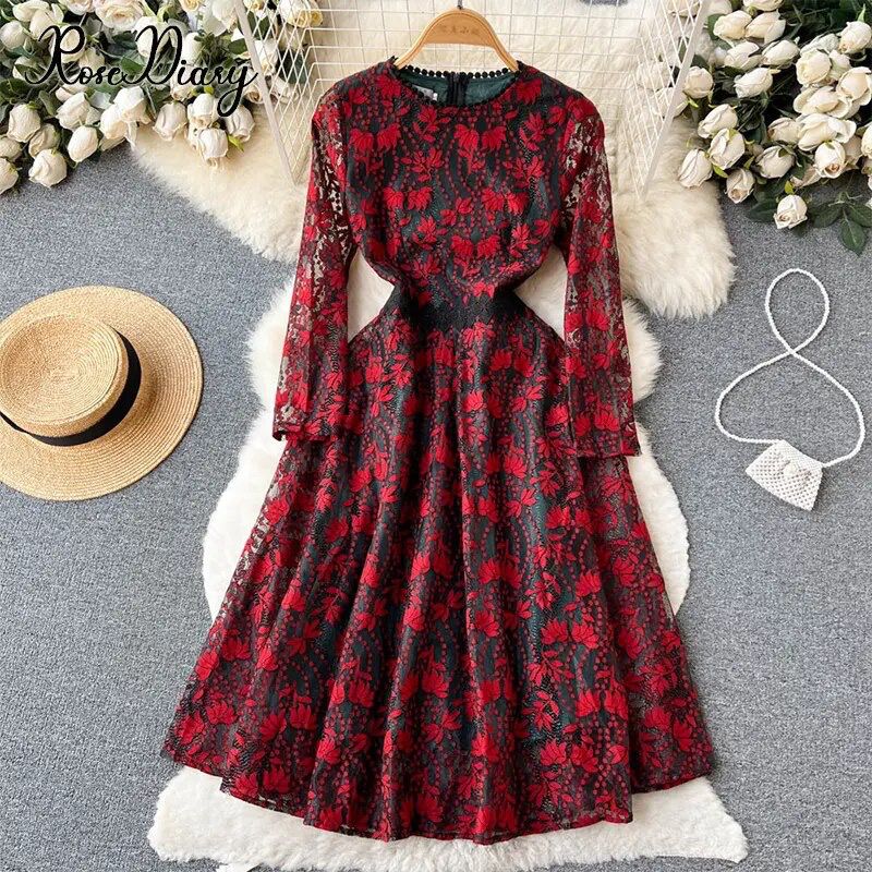 Women's Vintage Jacquard Lace Maxi Dress 2XL B-69209 - TUZZUT Qatar Online Shopping