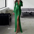 Sexy Long Sleeve V Neck Split Pleated Long Dress XL B-84946 - TUZZUT Qatar Online Shopping