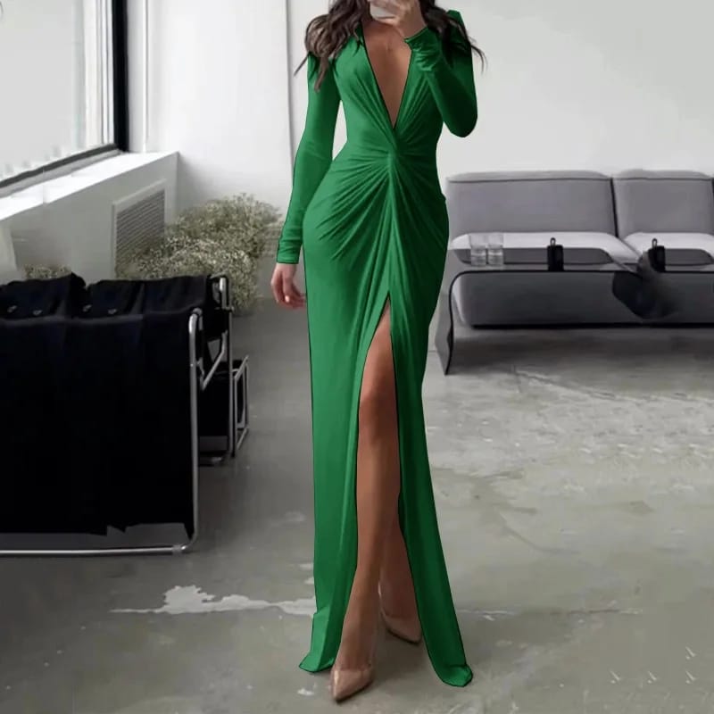 Sexy Long Sleeve V Neck Split Pleated Long Dress B-84946 Sexy Long Sleeve V Neck Split Pleated Long Dress B-84946