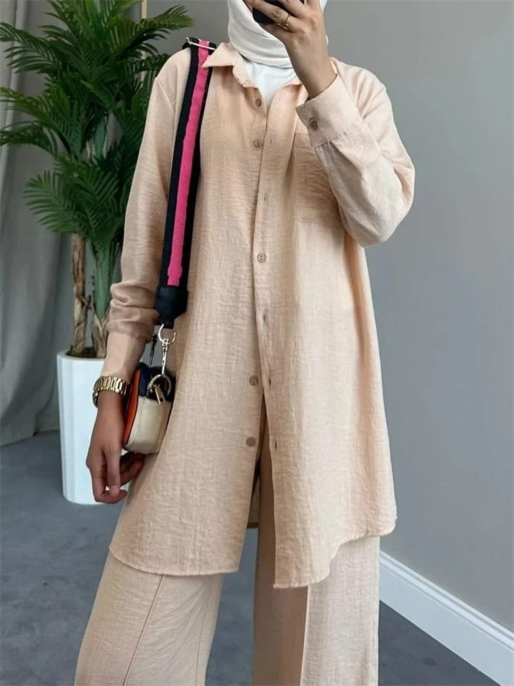 Muslim Solid Color Long Sleeve Shirt Jacket Loose Pants Casual M B-97381 - TUZZUT Qatar Online Shopping