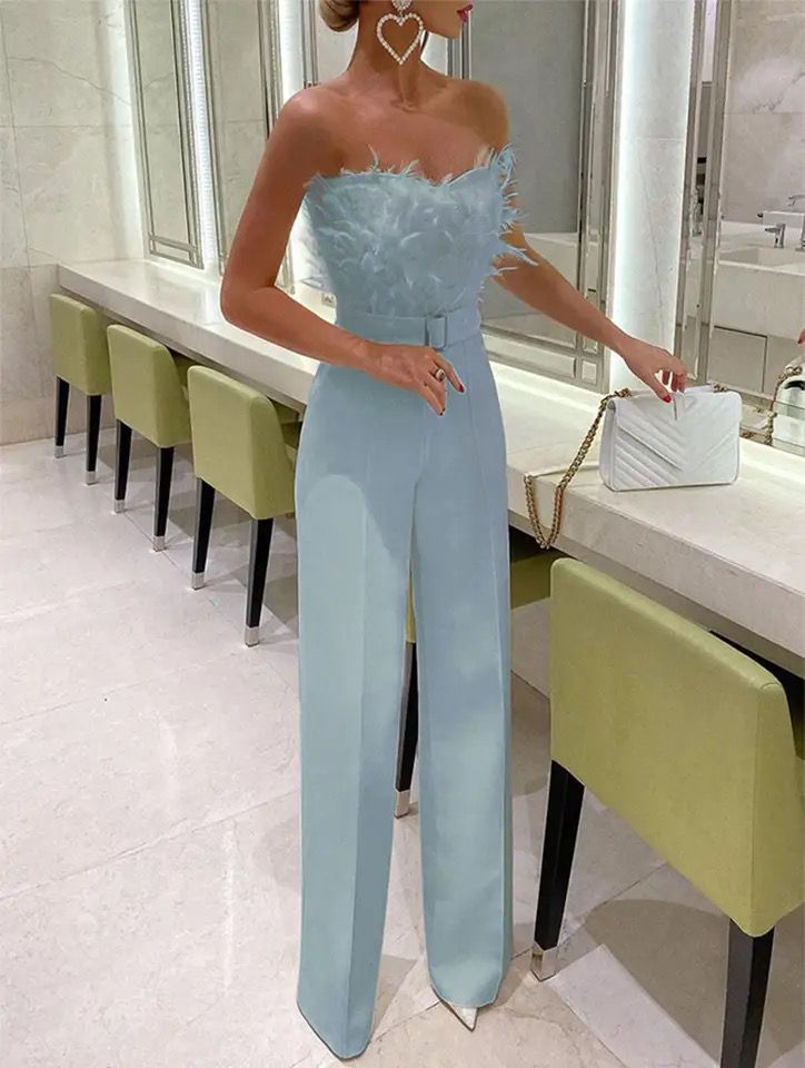 Strapless Prom Feather Jumpsuit Women M B-44981 - TUZZUT Qatar Online Shopping
