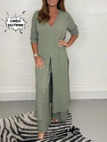 Women Two Piece Set Split Long Top Casual Wide Leg Pants Elegant Plus Size B-102316 - TUZZUT Qatar Online Shopping