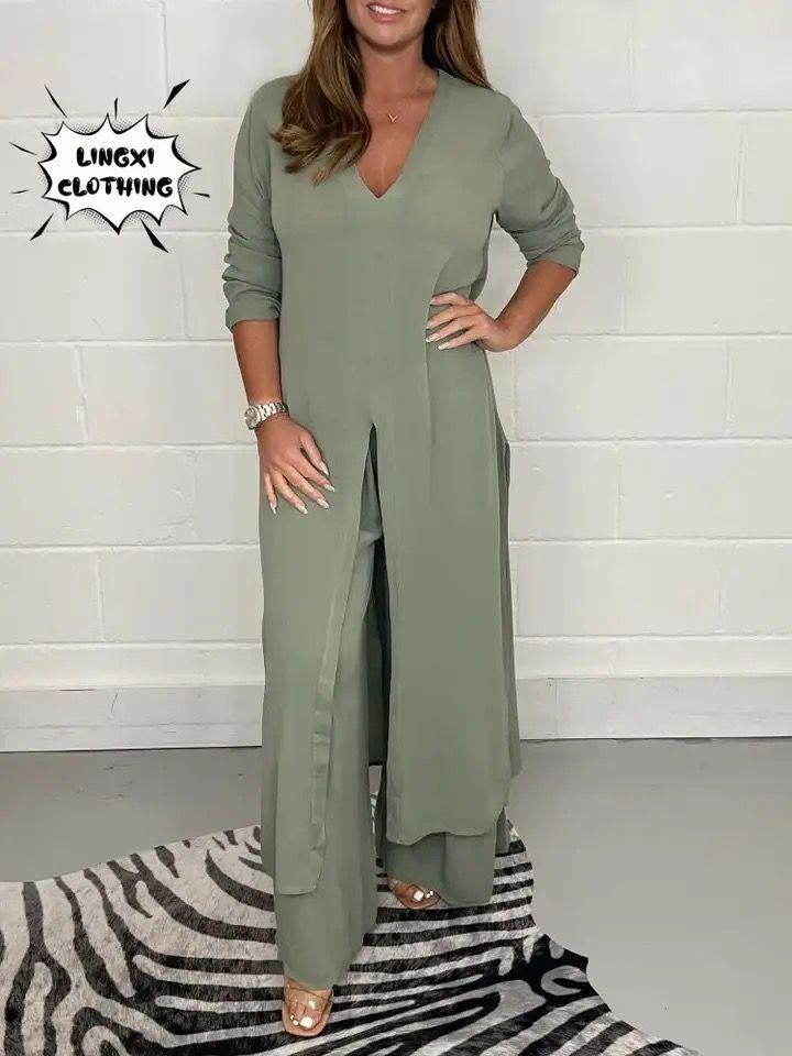 Women Two Piece Set Split Long Top Casual Wide Leg Pants Elegant Plus Size B-102316 Women Two Piece Set Split Long Top Casual Wide Leg Pants Elegant Plus Size B-102316