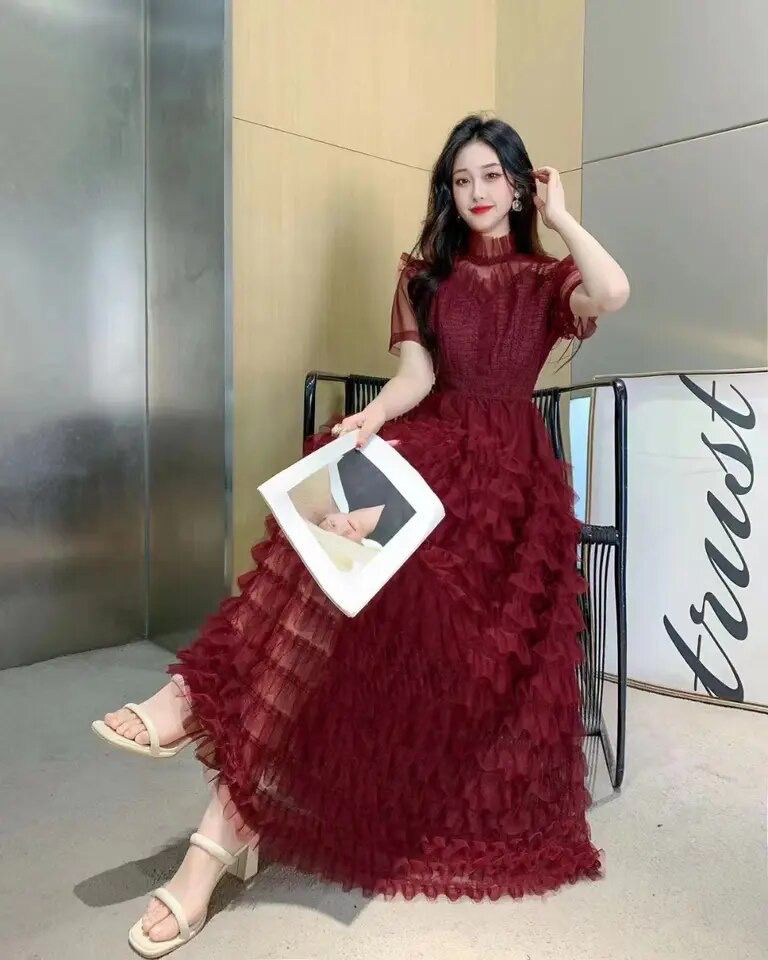 New Summer Women Stand Collar Short Sleeve Slim Maxi Dress L B-80245 - TUZZUT Qatar Online Shopping