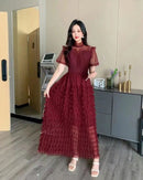New Summer Women Stand Collar Short Sleeve Slim Maxi Dress L B-80245 - TUZZUT Qatar Online Shopping