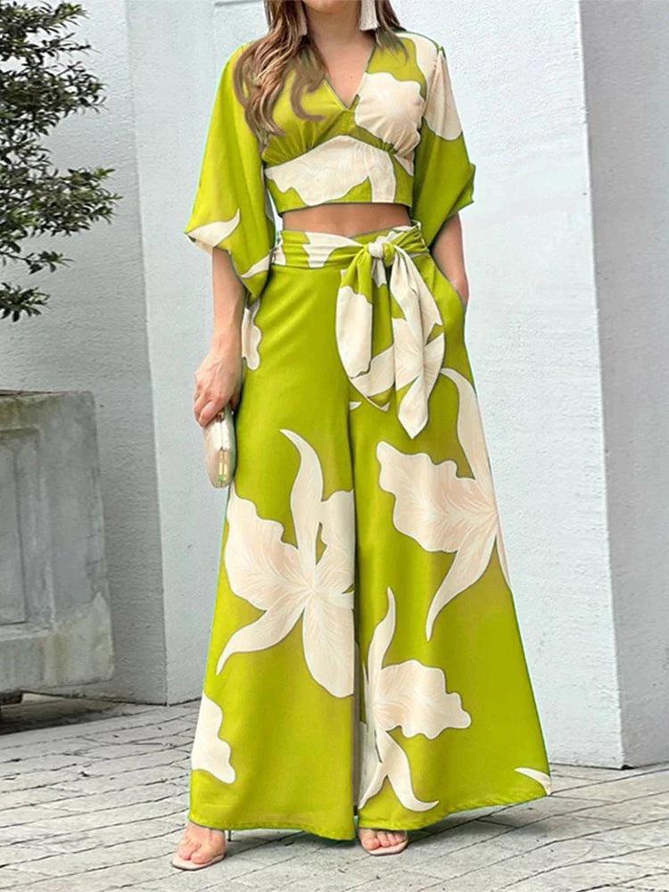 Floral Print Women 2 Piece Sets Fashion V-Neck Top and Wide Leg Pant Sets L B-21329 - TUZZUT Qatar Online Shopping