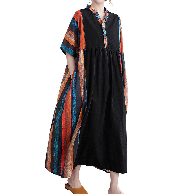 Vintage Women Cotton Linen Dress Splicing Print V Neck Short Sleeve Pocket Loose Casual Dress X3139991 - TUZZUT Qatar Online Shopping