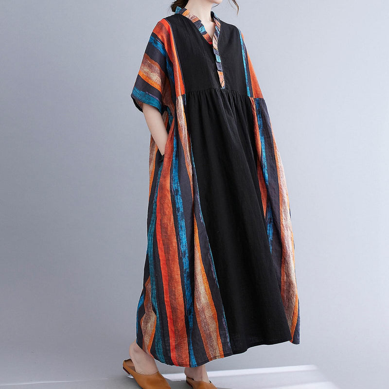 Vintage Women Cotton Linen Dress Splicing Print V Neck Short Sleeve Pocket Loose Casual Dress X3139991 - TUZZUT Qatar Online Shopping