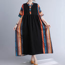 Vintage Women Cotton Linen Dress Splicing Print V Neck Short Sleeve Pocket Loose Casual Dress X3139991 - TUZZUT Qatar Online Shopping