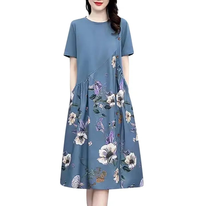 Women's summer classic short sleeve floral print dress L 001552007 - TUZZUT Qatar Online Shopping