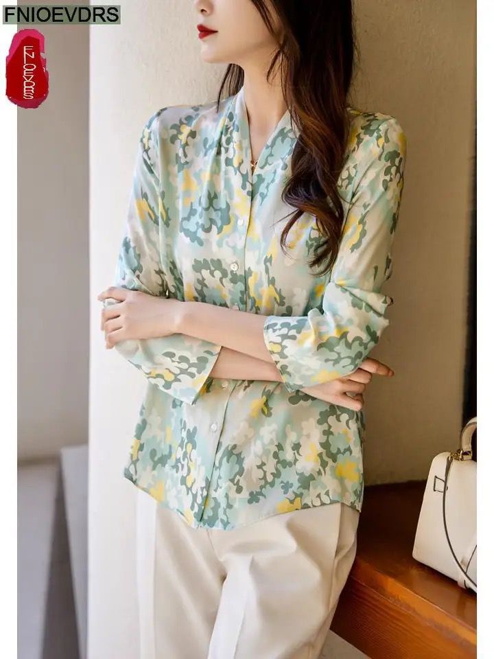 Autumn Basic Blouses Floral Print Elegant Office Lady Retro Vintage Button Shirt XL S4258963 - TUZZUT Qatar Online Shopping