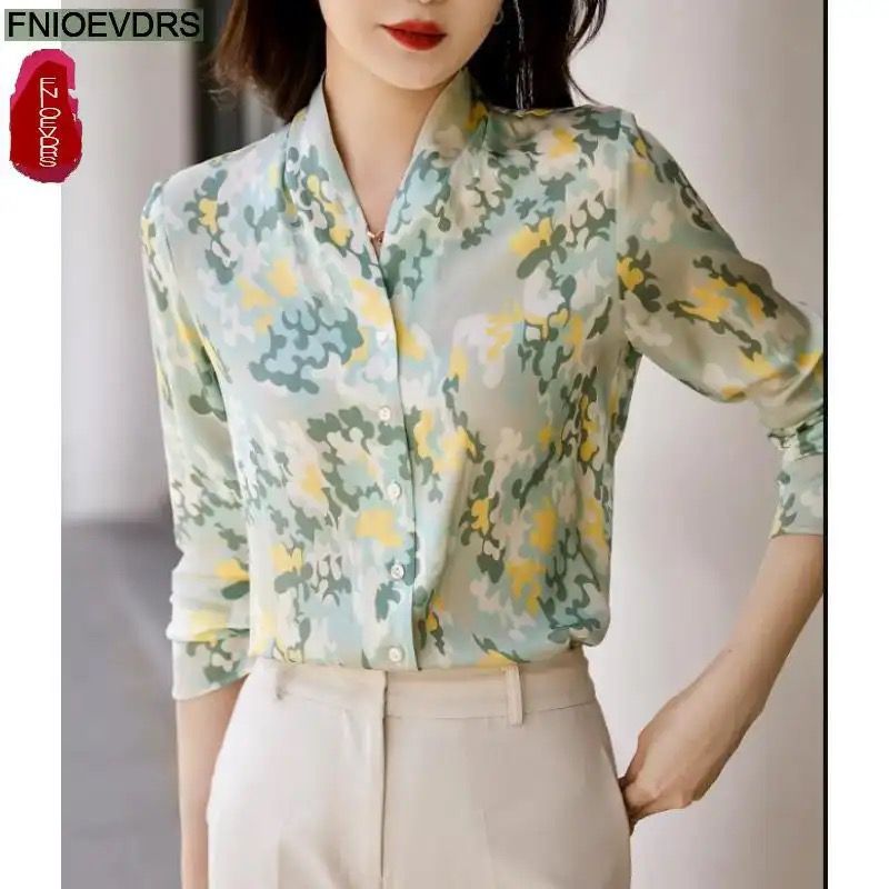 Autumn Basic Blouses Floral Print Elegant Office Lady Retro Vintage Button Shirt XL S4258963 - TUZZUT Qatar Online Shopping