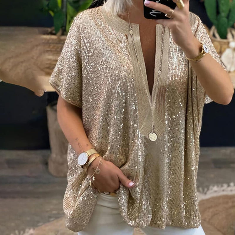 Fashion Women Sequin T-Shirt Loose Female Short Sleeve Blouse L B-112907 - TUZZUT Qatar Online Shopping