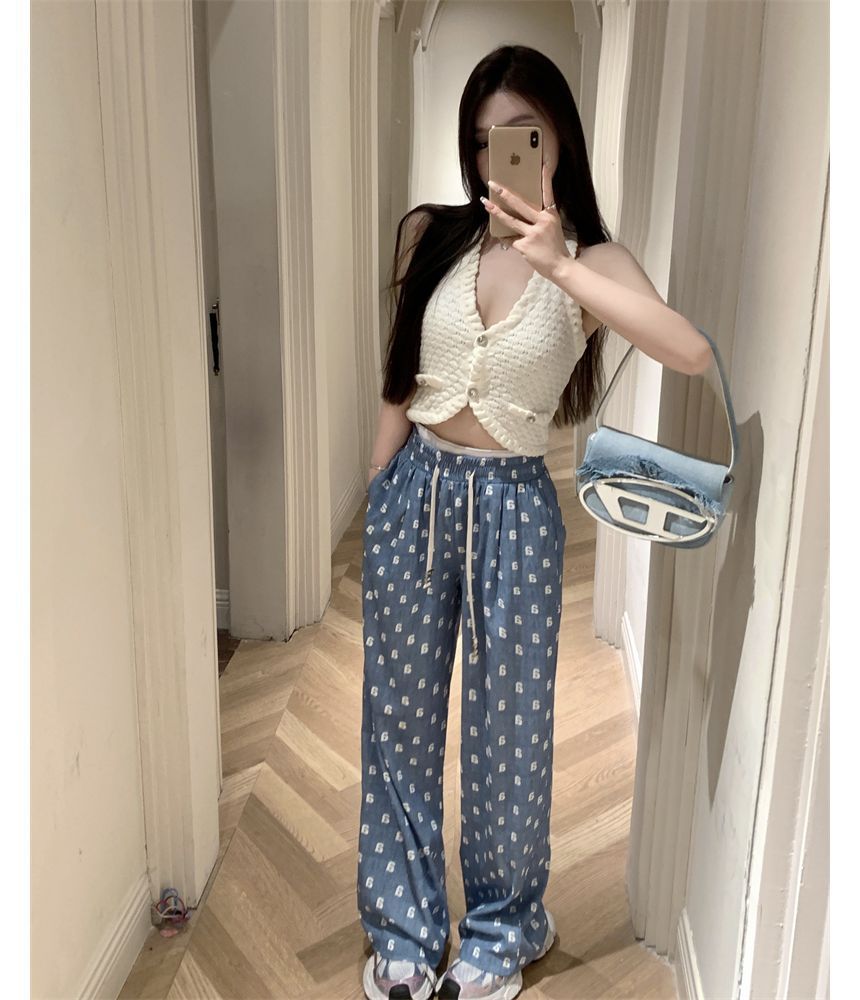 Women's Drawstring Waist Print Wide Leg Pants M S4981053 Women's Drawstring Waist Print Wide Leg Pants M S4981053