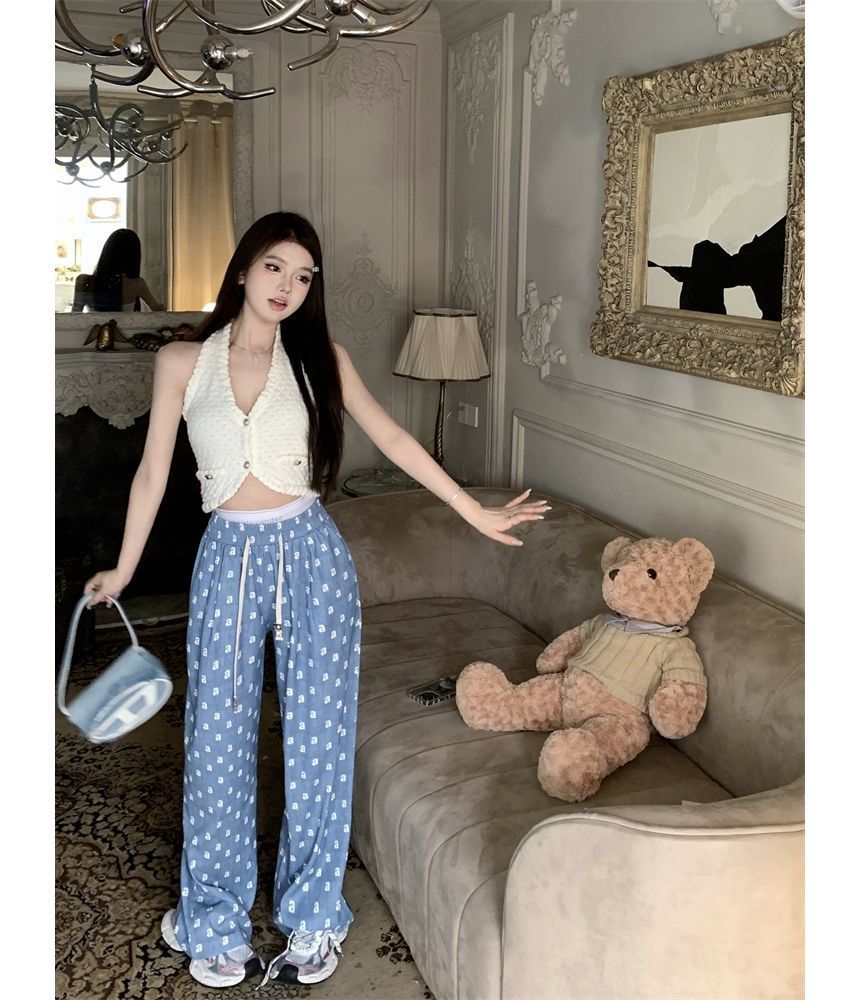 Women's Drawstring Waist Print Wide Leg Pants M S4981053 Women's Drawstring Waist Print Wide Leg Pants M S4981053