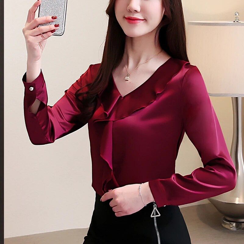 Women Elegant Ruffle V Neck Shirt L X4236557 Women Elegant Ruffle V Neck Shirt L X4236557