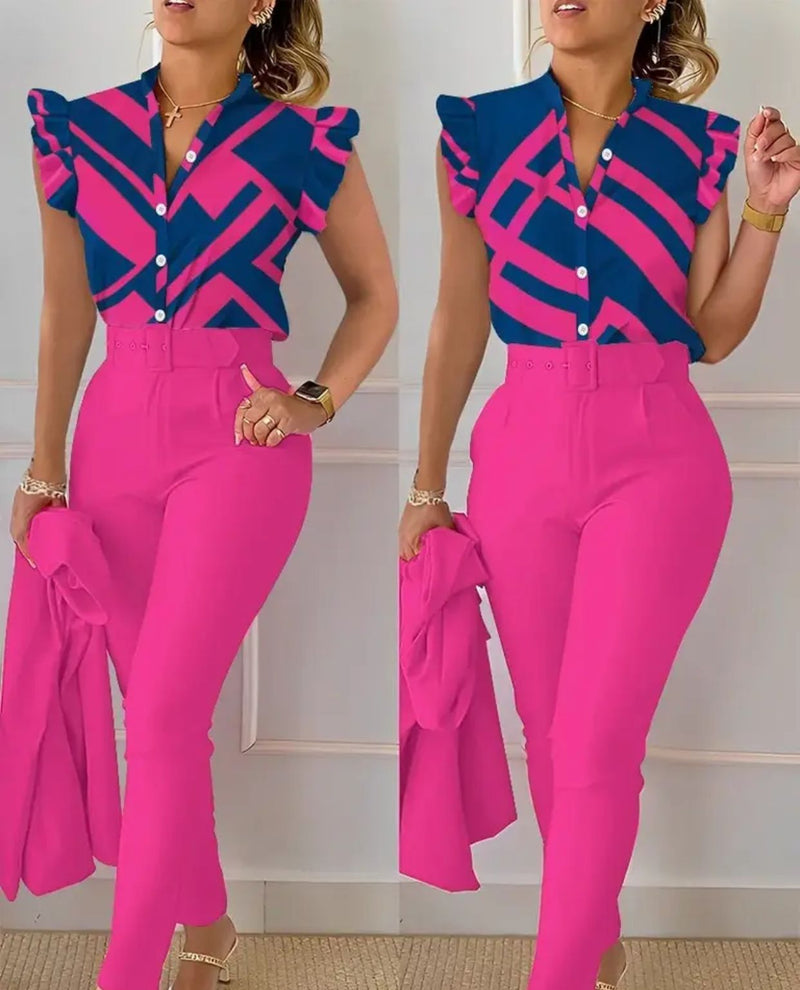 Floral Print Shirt and High Waist Slim Fit Pants Set with Belt M B-82109 - TUZZUT Qatar Online Shopping