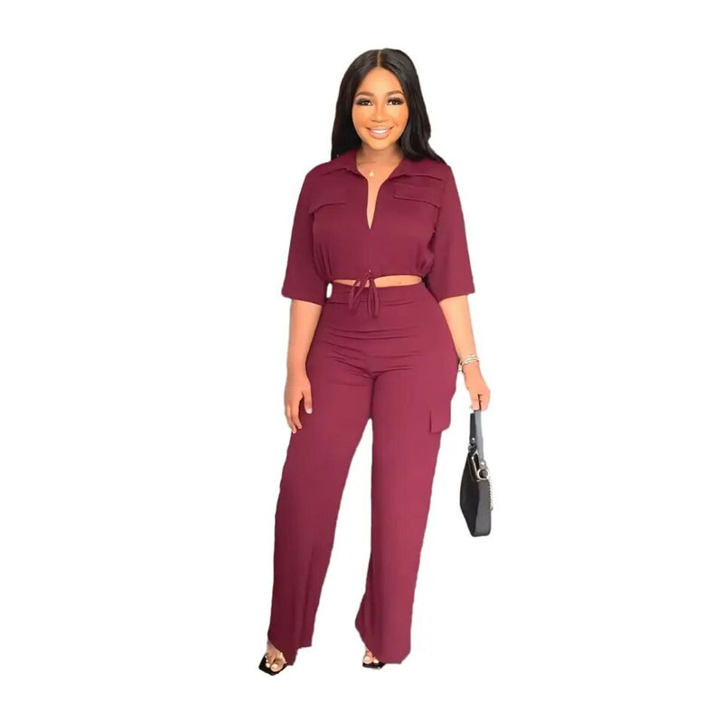 Women Casual Lace Up Solid Crop Top and Pant Set L B-74498 - TUZZUT Qatar Online Shopping