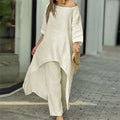 Women Casual 2 Piece Set O-Neck Long Sleeve Top and Wide Leg Pants 2XL B-54276 - TUZZUT Qatar Online Shopping