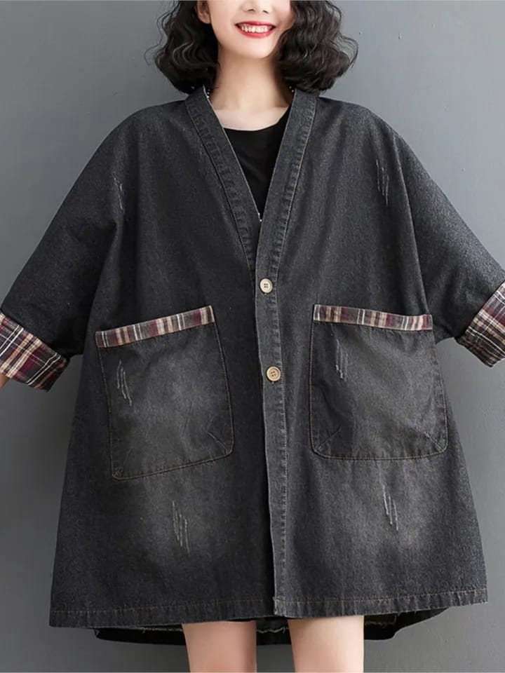 Women's oversized vintage denim coat 2XL S5042771 - TUZZUT Qatar Online Shopping